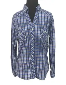 Panhandle Rough Stock Women's Blue Plaid Pearl Snap Western Shirt Medium Cowgirl