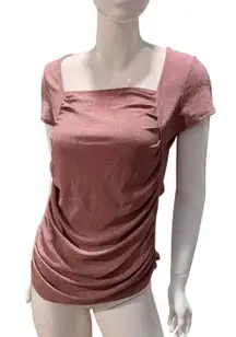 Y2K Willow & Root Ruched Square Neck Sparkly Short Sleeve Top Rose Gold Shimmer