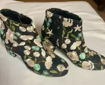 Floral Embroidered Ankle Boots - Black and Cream