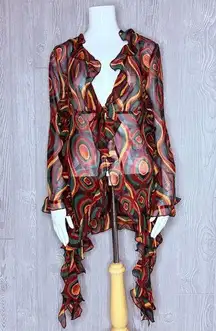 Truth nyc tie dye 70s inspiredd swirl long sleeve short blouse ruffle detail sm
