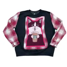 Unique One of a Kind Flannel Sleeve Cat Drinking Coffee Sweatshirt M