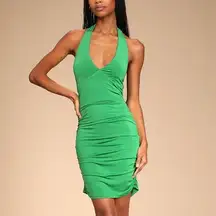 Lulus  Casino Evenings Green Ruched Halter Bodycon Dress size S