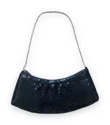 90s Cache Black Sequin Mini Baguette Bag Silver Chain Handle Evening Purse Small