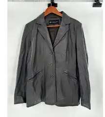 Kenneth Cole Leather Jacket Women’s Size Large Blazer Notched Moto Brown Button‍