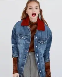 Distressed Denim Long Jean Jacket Faux Fur Collar Leopard Print Oversized S