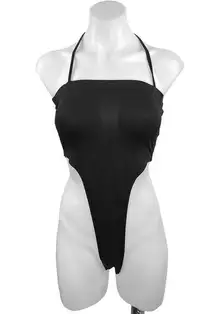 Commense Black Halter Tie Adjustable Square Neck Thong Bodysuit Top Size S