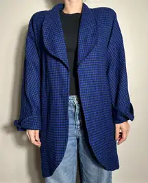 Vintage 100% Wool Blue Black Plaid Blazer Jacket with Shoulder Pads Size XXL