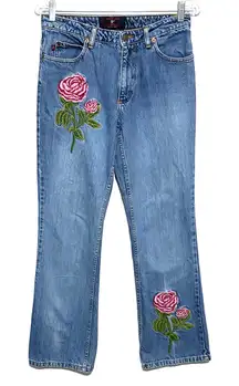 Vintage Fiorucci Safety Jeans Womens 7/8 Rose Floral Embroidered USA Boho Hippie