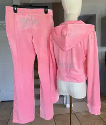 Juicy Couture Pink Velour Hoodie and Pants Set tracksuit size large