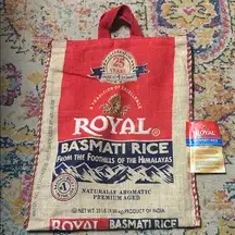 Royal Basmati Rice 20# burlap bag - empty - zip closure - handles - Recycled Bag
