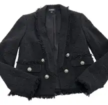 Express Jacket Womens XS Fringe Trim‎ Tweed Pearl Button Stretch Blazer