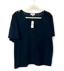 Loft NWT  navy short sleeve button up cardigan with lace shoulder detail size L