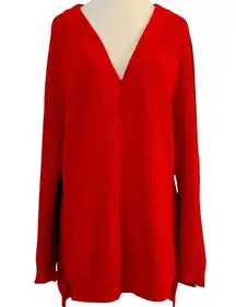 Express Oversized Red V Neck Long Sleeve Pullover Sweater Arm Stripes Size SP