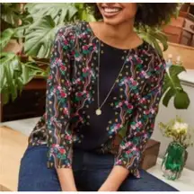 Boden Black Floral Long Sleeve Blouse 16 whimsi boho Y2K fairy pink blue flower