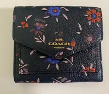 Coach  Navy Blue Trifold Wallet With Floral Print