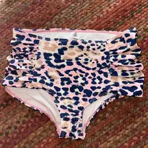LIME RICKI SWIMWEAR NAVY & PINK CHEETAH RUCHED DETAIL HIGH RISE SWIM BOTTOMS