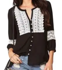 Fresh Brewed Black Crochet Detail Semi-Sheer Button Down Size Medium