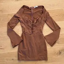 Mistress Rocks - Long Sleeve Corset Mini Dress in Walnut Brown