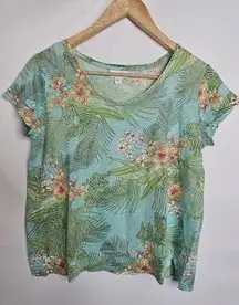 J.Jill  Love Linen Colorful Tropical Floral V-neck Short Sleeve T-shirt Size XS