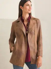 Chicos Brown Zippered Pocketed Faux Leather Suede Lined Motorcycle Jacket 4 6