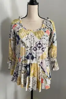 Dear John Pleated Boho Blouse Small Patchwork Off Shoulder Peasant Floral Hippie