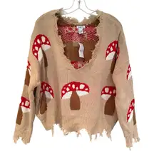 Rue 21 Mushroom Distressed V Neck Sweater Women's Large Tan Boho Hippie Retro