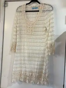 Solitaire Swim Cover Up Dress Tunic Sheer Crochet Swimsuit Tropical Sleeves L