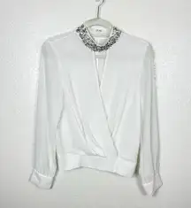 Bebe  White Crystal Embellished Long Sleeve Blouse Size Small