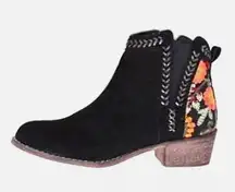 Tiara's Flowers Black Suede Booties with Embroidered Floral Detailing