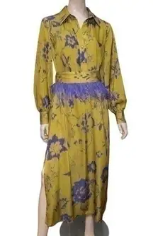 Milly Brown Women’s Size M Green Purple Floral Print Boa Feather Belt Maxi Dress