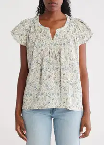 NWT Lucky Brand Floral Cap Sleeve Cotton Top in Cream Multi Floral - Size S