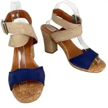 Lucky Brand Sundo Ankle Strap Block Heels 10 Blue Tan New