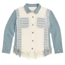 Miss Me Tweed Denim Patchwork Fringe Hem Jacket NWOT Women’s Small Festival Look