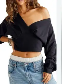 Free People We the Free All Nighter Long Sleeve Surplice Crop Top in Black Sz XL