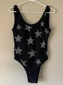 Black Spaghetti Strap Bodysuit Low Back Star Sparkle Glitter Party Festival