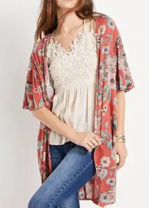 Maurices Rust Orange Multicolor Floral Print Flutter Sleeve Kimono