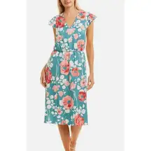 Adrianna Papell Dress Women Size 14 Blue Green Floral Flutter Sleeve V Neck Midi