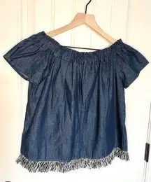 Lumiere off the shoulder dark chambray top with fringe hem - Size S