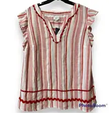 Crown & Ivy curvy plus size 1X striped split neck ruffle cap sleeves red & white