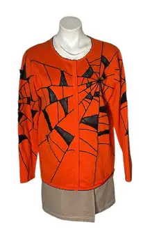 QUACKER FACTORY Orange Black Cardigan Beaded Mesh Spider Webs Size Medium