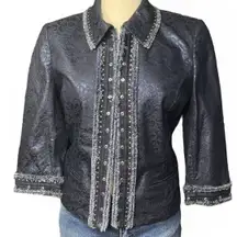 St. John Sport Blue Jacquard Jacket Blazer Denim Trim Studs Medium