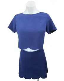 Aqua Women's Blue Faux Suede Scalloped 2-Pc Crop Top & Mini Pencil Skirt Set M