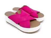 Sorel  Cameron Flatform Mule Sandal Pink Suede White 7.5