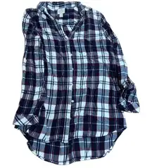 St John Bay Plaid Button-Up Shirt with purples & grays Plaid Button-Up Shirt