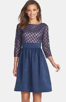 Eliza J  Dark Blue Dot Mesh Bodice Fit & Flare Cocktail 3/4 Sleeve Mini Dress 14