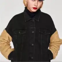 NWT Zara Black Denim Jacket with Sherpa Sleeves Sz M