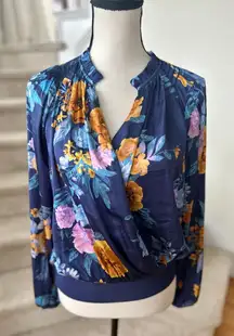 Current Air Anthropologie Blue Satin Gold Pink Floral Wrap Blouson Blouse