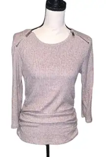 Fig & Blu Grey Ribbed Knit Sweater with Zipper Details Ruched Sides