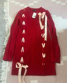 Midnight Doll Red Baby Pink Bow Coquette Open Knit Sweater Dress Winter Fall New