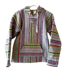 Mexican Boho Hooded Baja-Stripe Multicolor Unisex Pullover Pancho SZ S